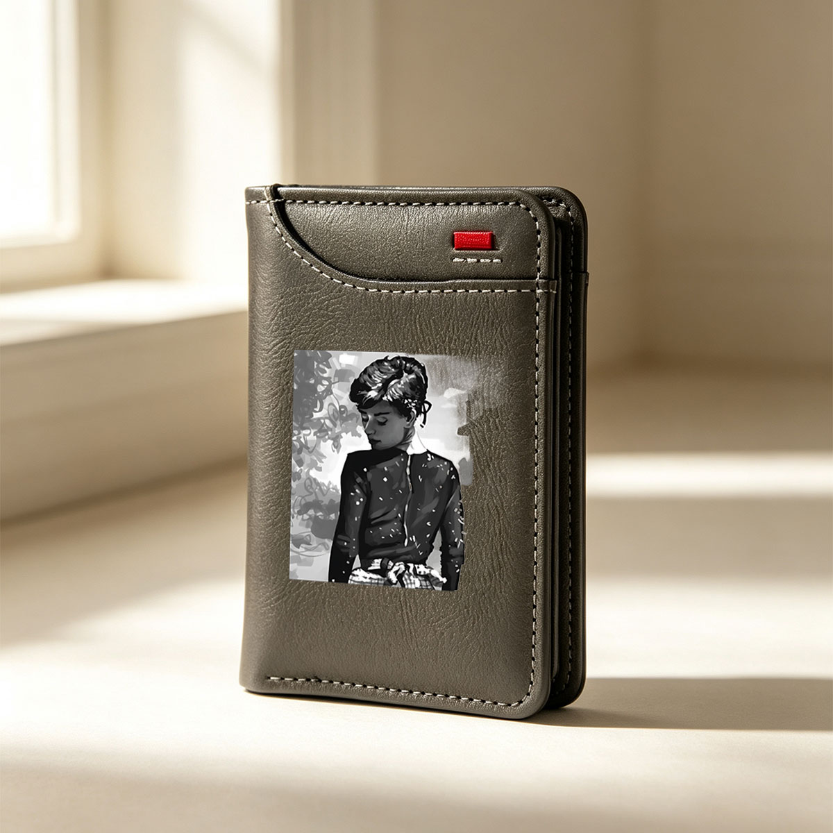 Audrey Hepburn in a contemplative moment, classic black and white portrait - Vertical Style Wallet