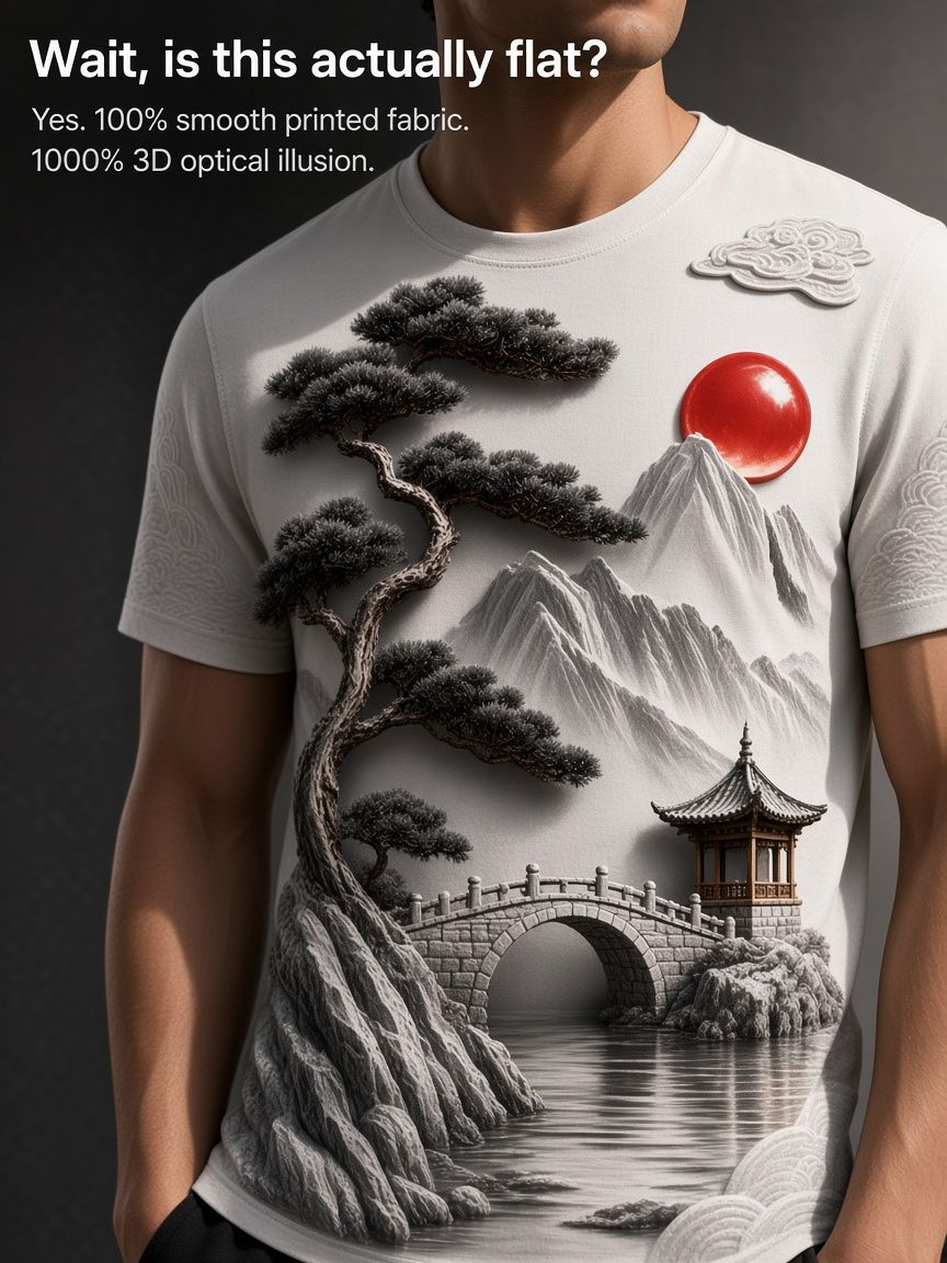 Oriental Mountain Landscape 3D Optical Illusion Graphic Tee Breathable Athletic Mesh T-Shirt Casual Sports Wear