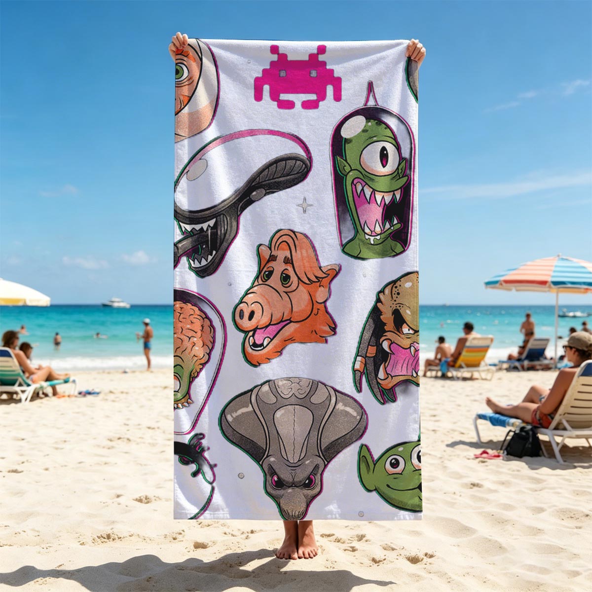 Alien Characters and Sci-Fi Icons: E.T., Alien, Predator, Yoda, Darth Vader, Space Invader, and More - Beach towels