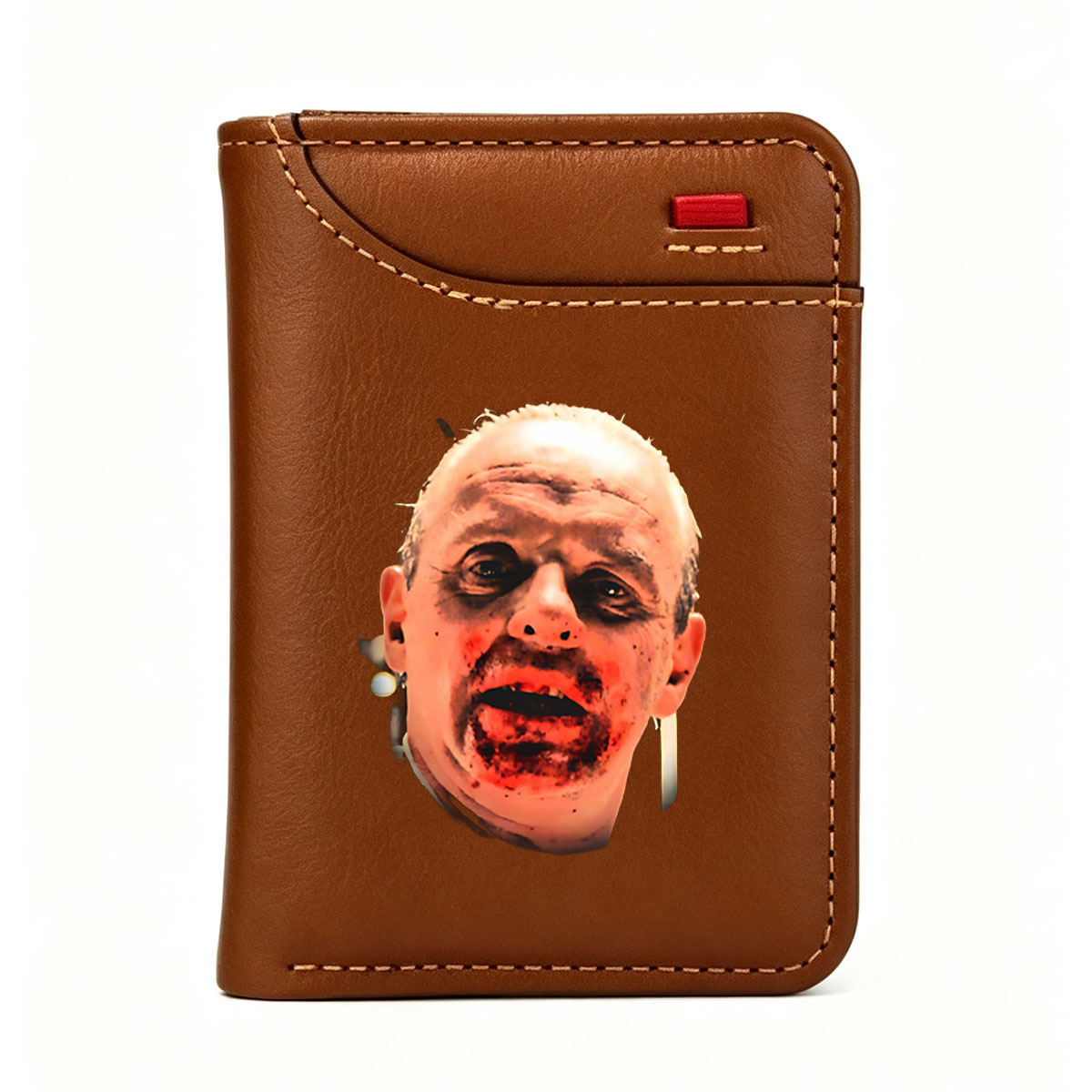 Zombie Makeup Close-Up: Intense Horror Character with Bloodied Face and Dark Eyes - Vertical Style Wallet
