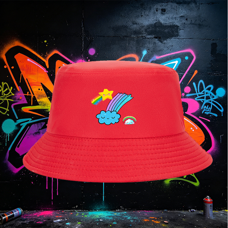 Unisex Fisherman Hat with Rainbow Star and Cloud Print, Classic Cotton Bucket Hat for Outdoor Activities, Perfect for Youth and Adults Seeking Fun and Comfortable Sun Protection