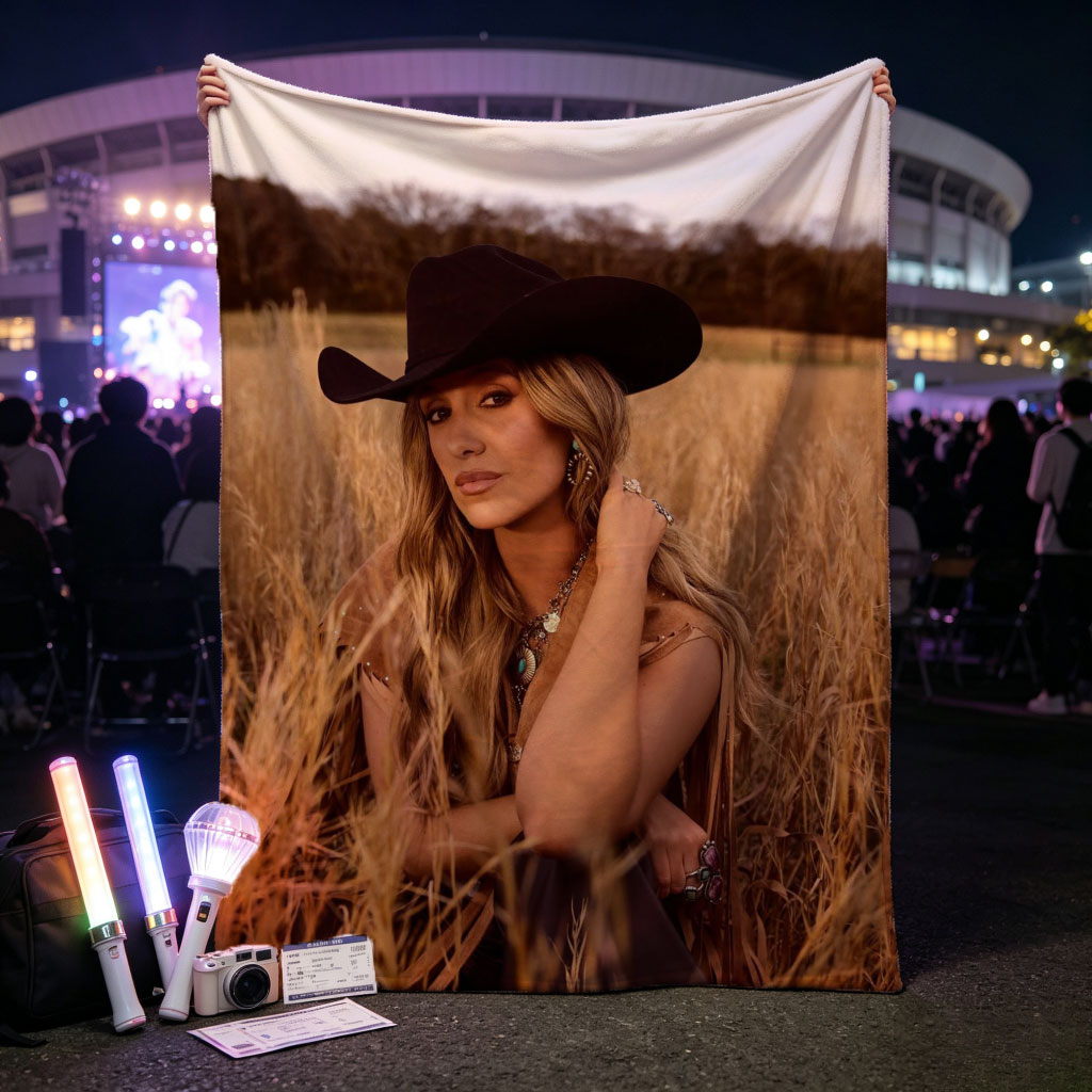 Paris Hilton in a Field of Golden Grass Wearing a Black Cowboy Hat and Boho Outfit - Blankets