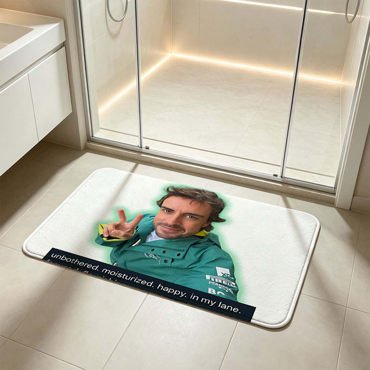 Fernando Alonso in Green Jacket Making Peace Sign with Text Overlay - Flannel floor mat