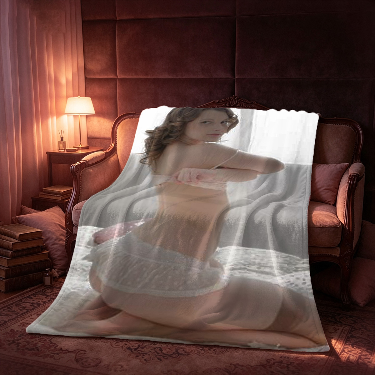 Brunette in blue lace lingerie kneeling on bed - Blanket