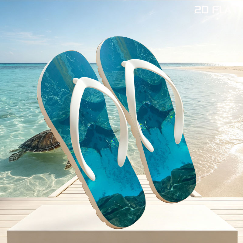 Graceful manta rays glide through clear blue waters, their silhouettes dancing beneath the surface. -  flip-flops