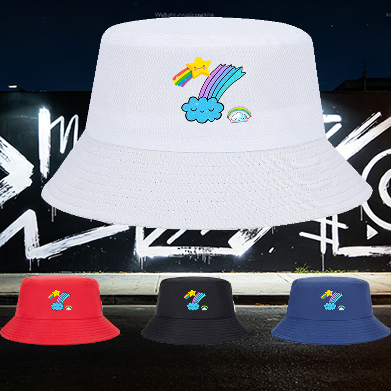 Unisex Fisherman Hat with Rainbow Star and Cloud Print, Classic Cotton Bucket Hat for Outdoor Activities, Perfect for Youth and Adults Seeking Fun and Comfortable Sun Protection