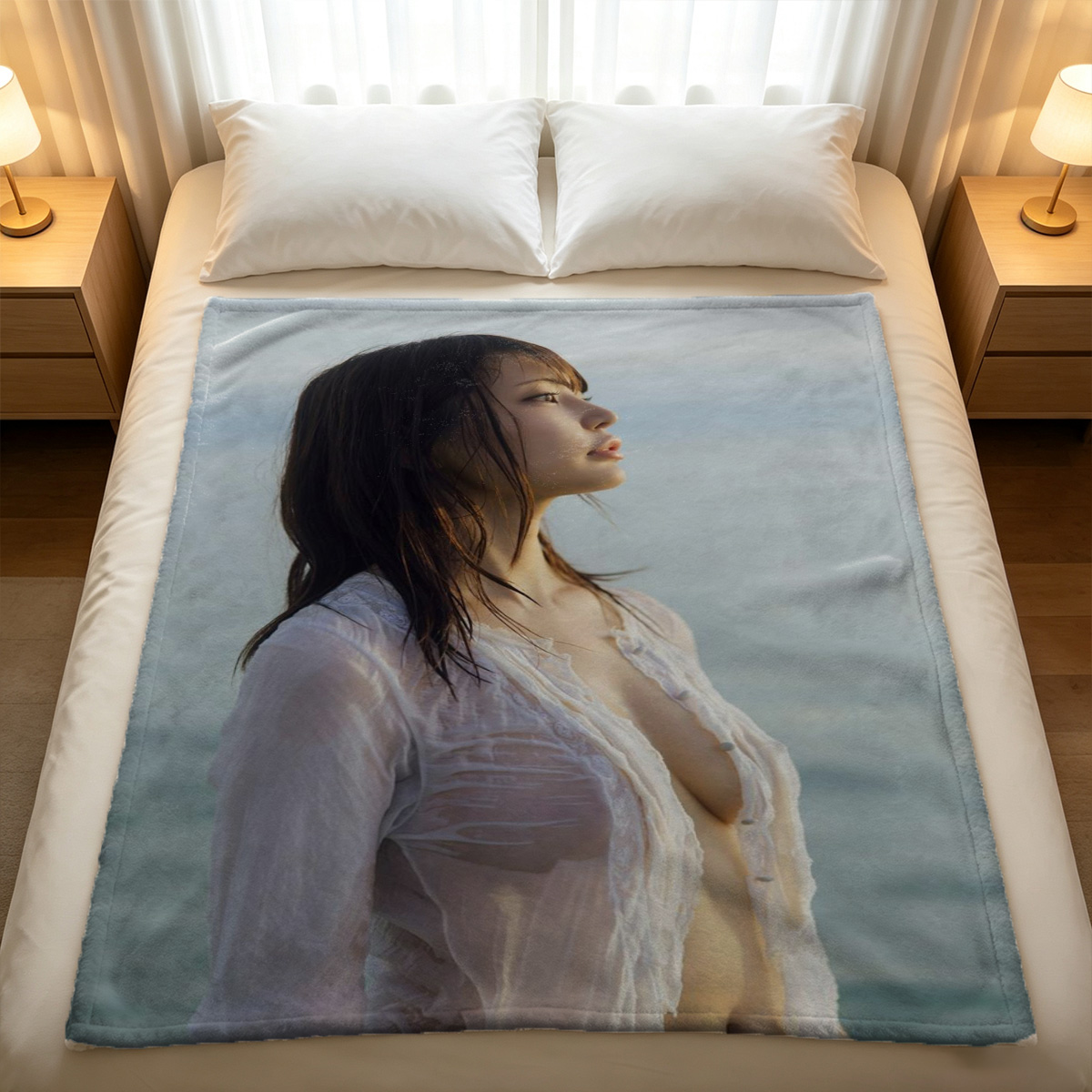 Nude Asian beauty in sheer orange and blue hanfu sitting on floor in traditional Chinese room. - Blanket