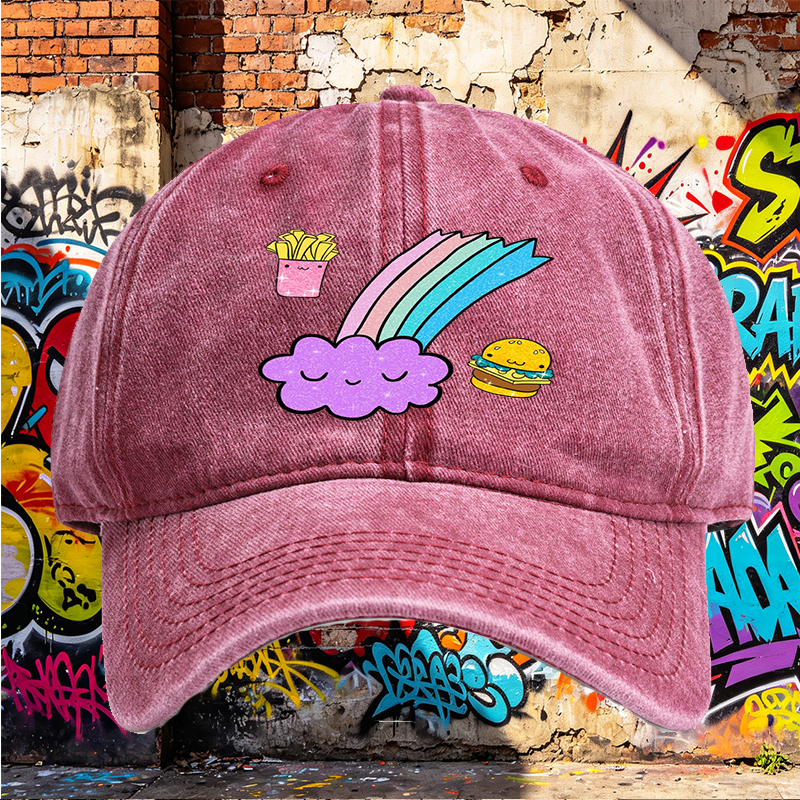 Unisex Classic Washed Cap with Kawaii Rainbow Cloud, Happy Fries & Burger Print – Casual Streetwear Hat for Youth and Trendy Adults, Perfect for Daily Wear, Outings, and Festivals