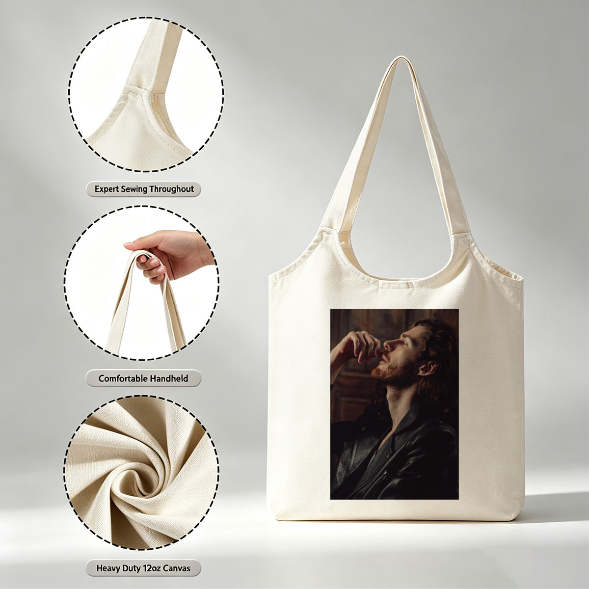 Hozier in a Moody Portrait Wearing a Leather Jacket and Gazing Upward - Canvas shoulder bags/