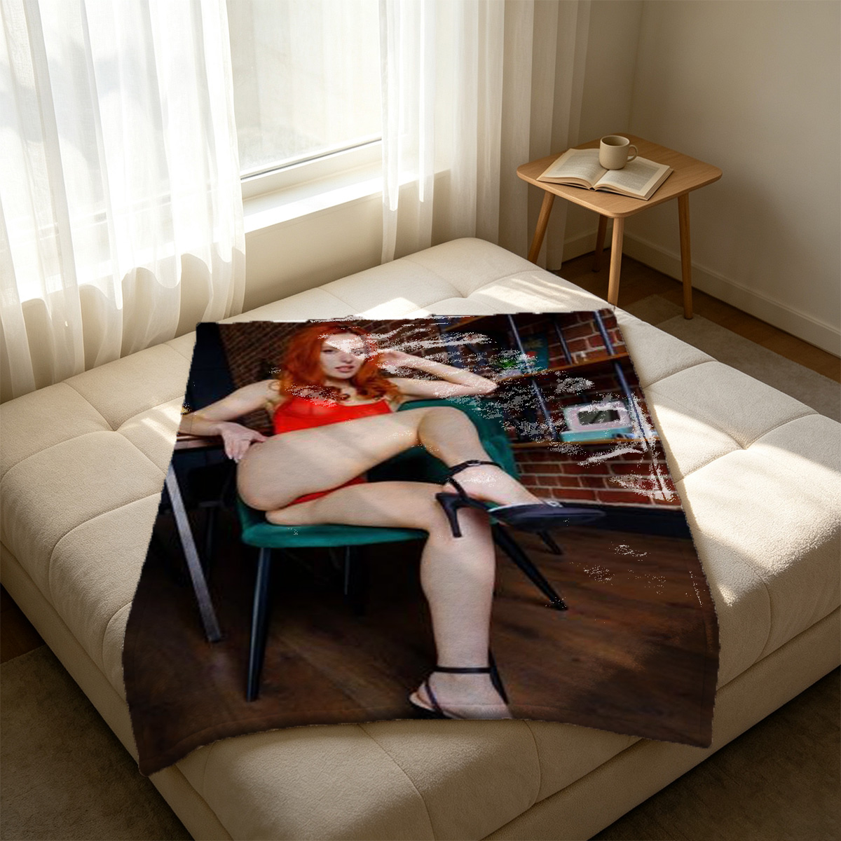 A young East Asian woman with long black hair, wearing a sheer white off-shoulder top and beige panties, sitting seductively on a white chair in a modern hotel room. - Blanket