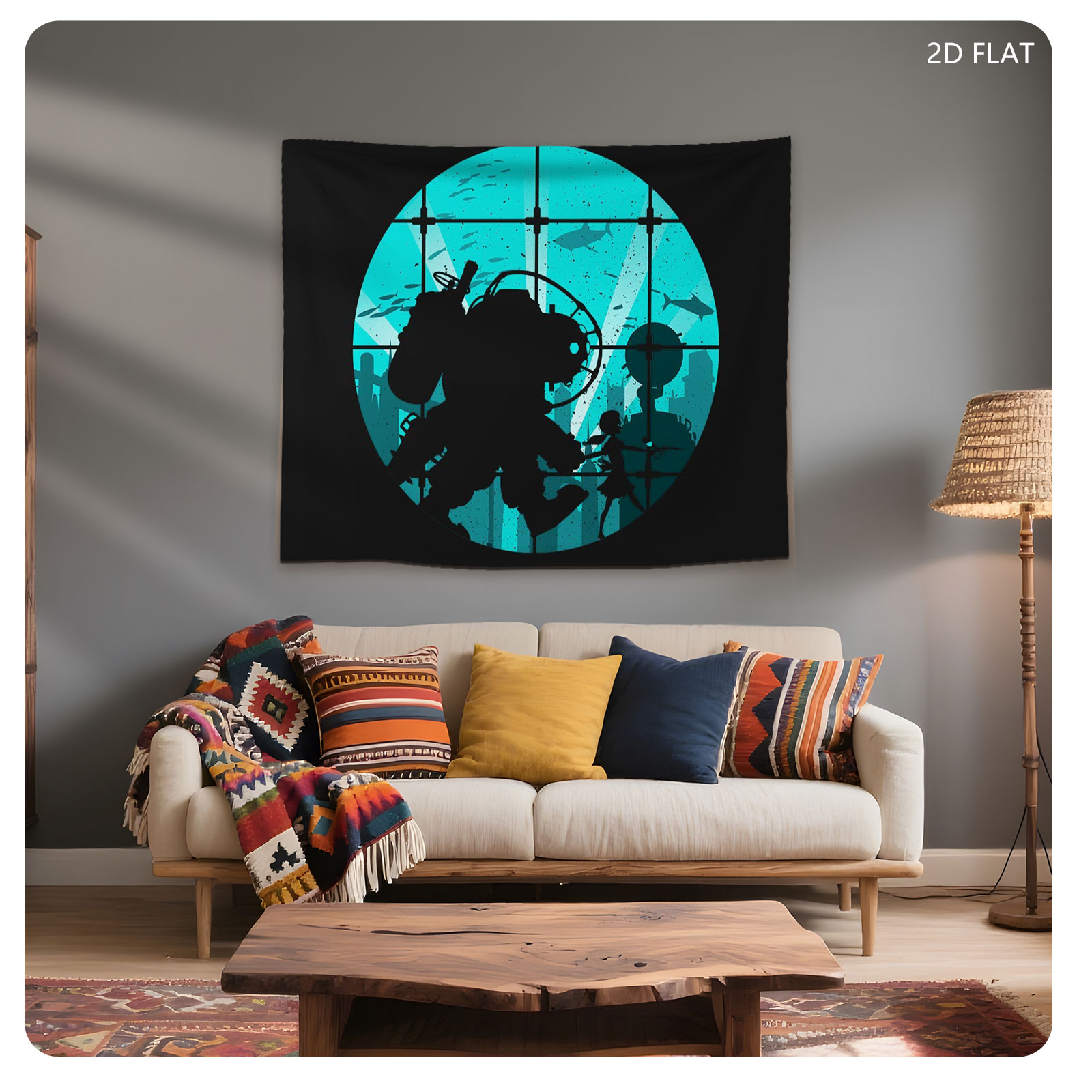 Deep Sea Diver and Child in Underwater City Silhouette - Tapestry