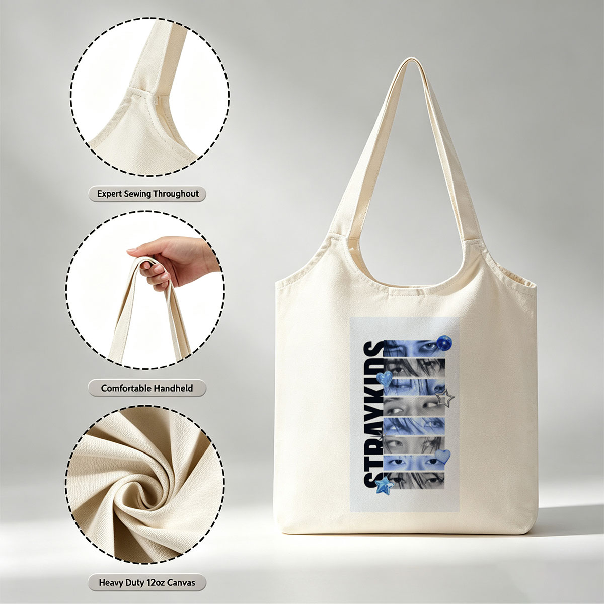 Stray Kids Eyes Close-Up Blue Toned Portrait with Stars and Hearts - Canvas shoulder bags/