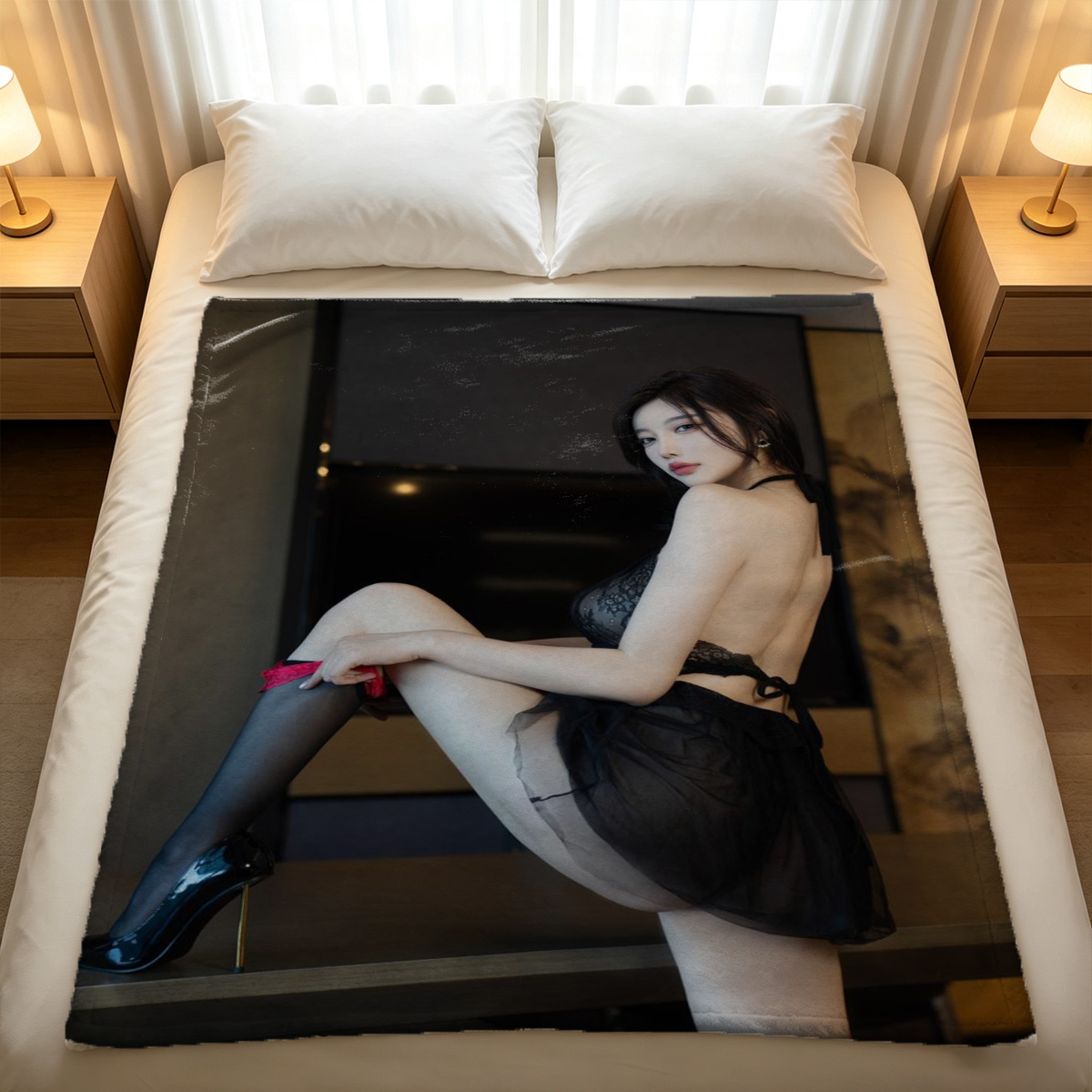 Pink thigh-high boots on a woman in a white egg chair. - Blanket