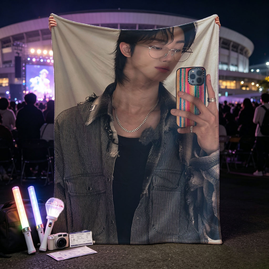 The Boyz Member in Mirror Selfie Wearing Striped Jacket and Glasses with Rainbow Phone Case - Blankets