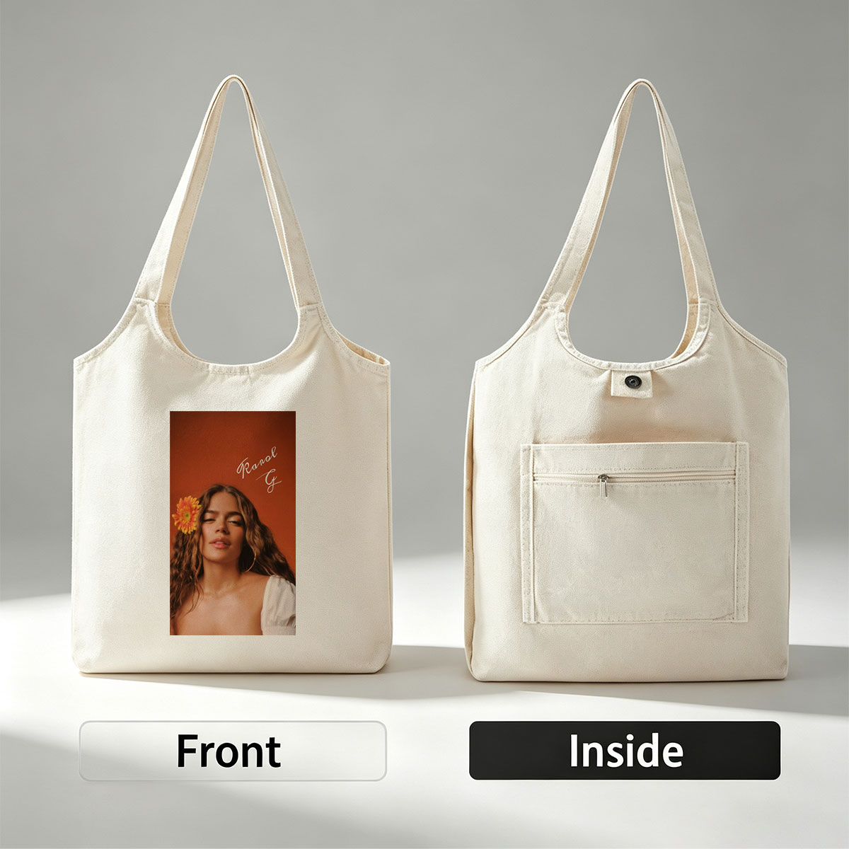 Ranal G with a vibrant orange flower in her hair against a warm terracotta background - Canvas shoulder bags/