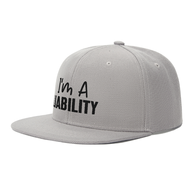Flat Brim Baseball Cap I'm A LIABILITY Print Streetwear Underground Skate Style for Basketball Court Skate Park Urban Lifestyle Skaters Rappers Streetwear Enthusiasts