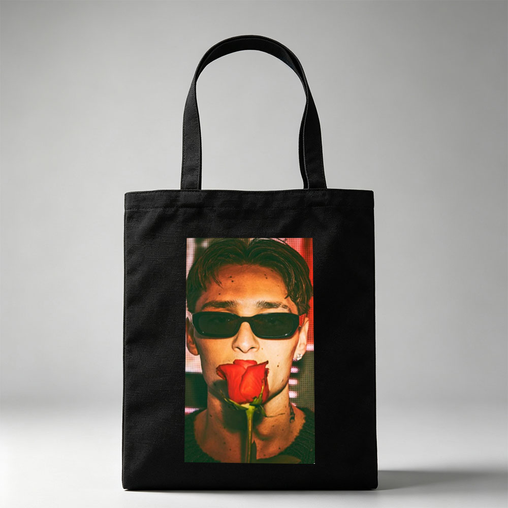 Anwar Hadid Holding a Red Rose with Sunglasses on a Digital Background - Canvas tote bags