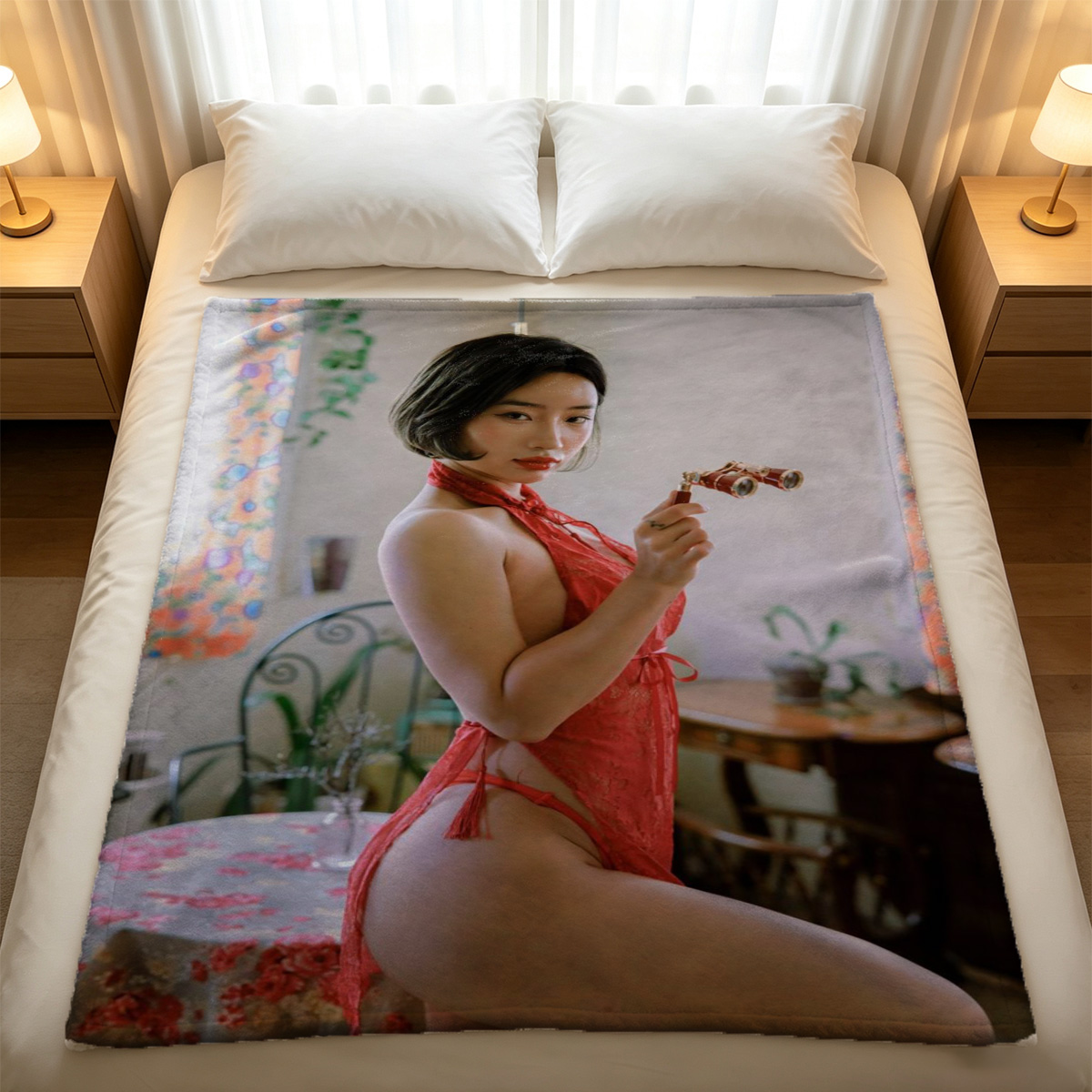 A brunette model in a black sparkly one-piece bodysuit posing by a window. - Blanket