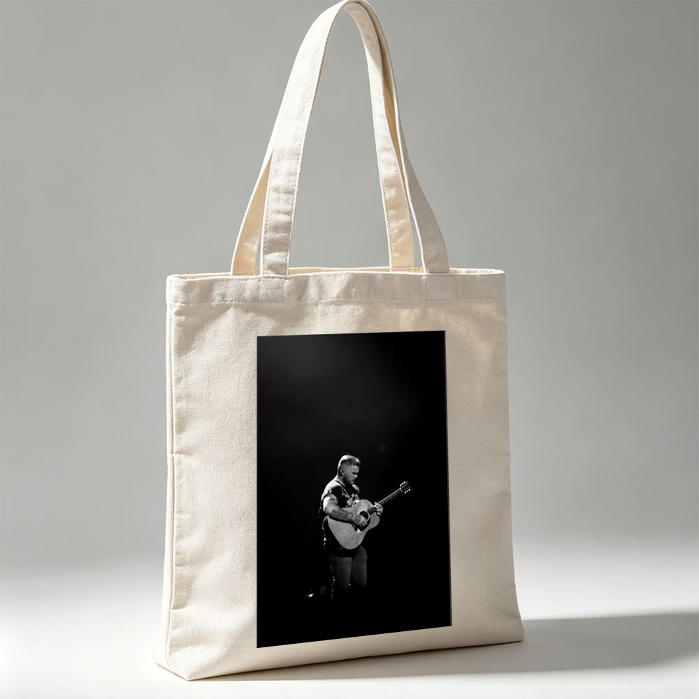 Brantley Gilbert Playing Acoustic Guitar on Stage in Black and White - Canvas tote bags