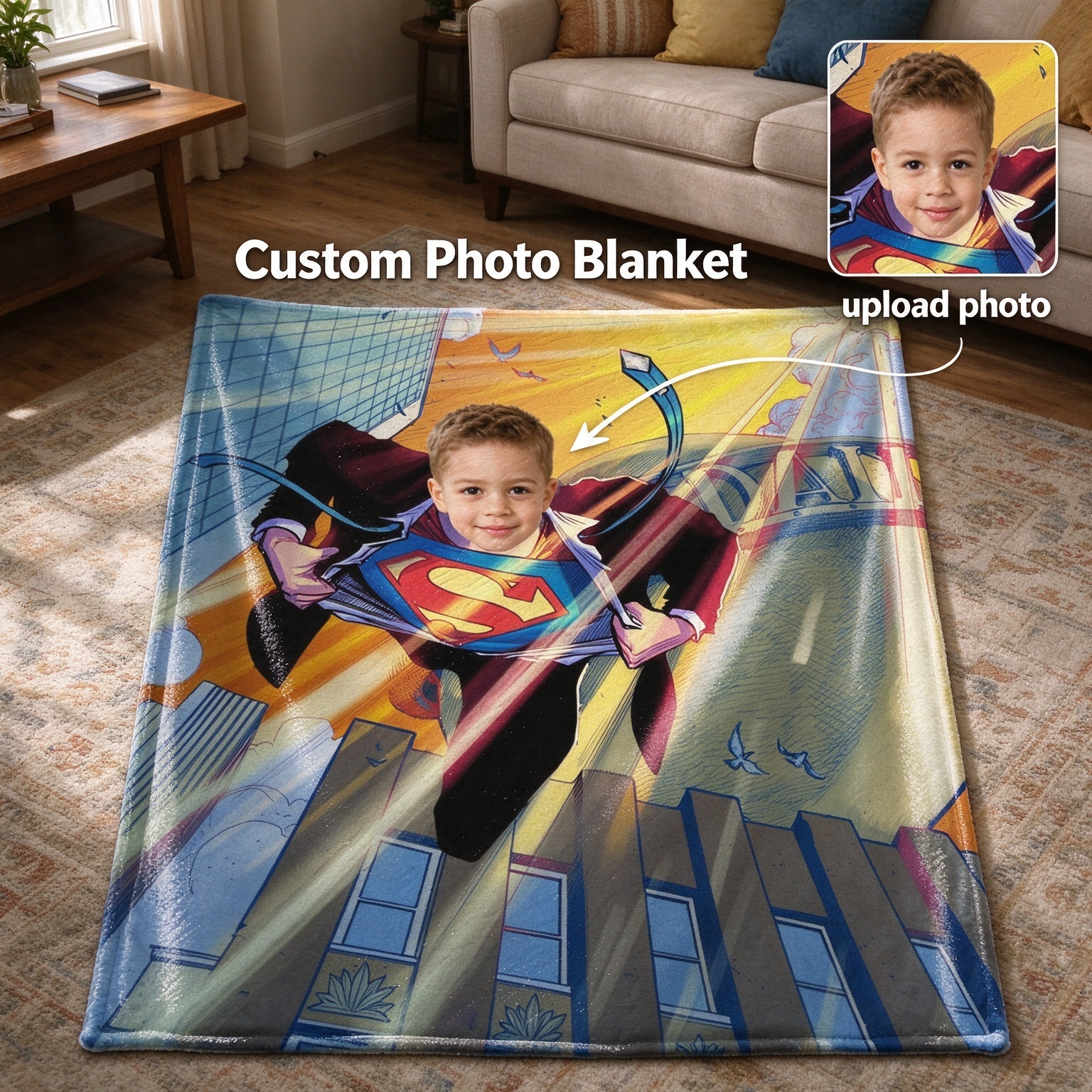 Custom Face Superhero Flannel Fleece Blanket Personalized Photo Comic Throw Skin Friendly Warm Plush Cover for Kids and