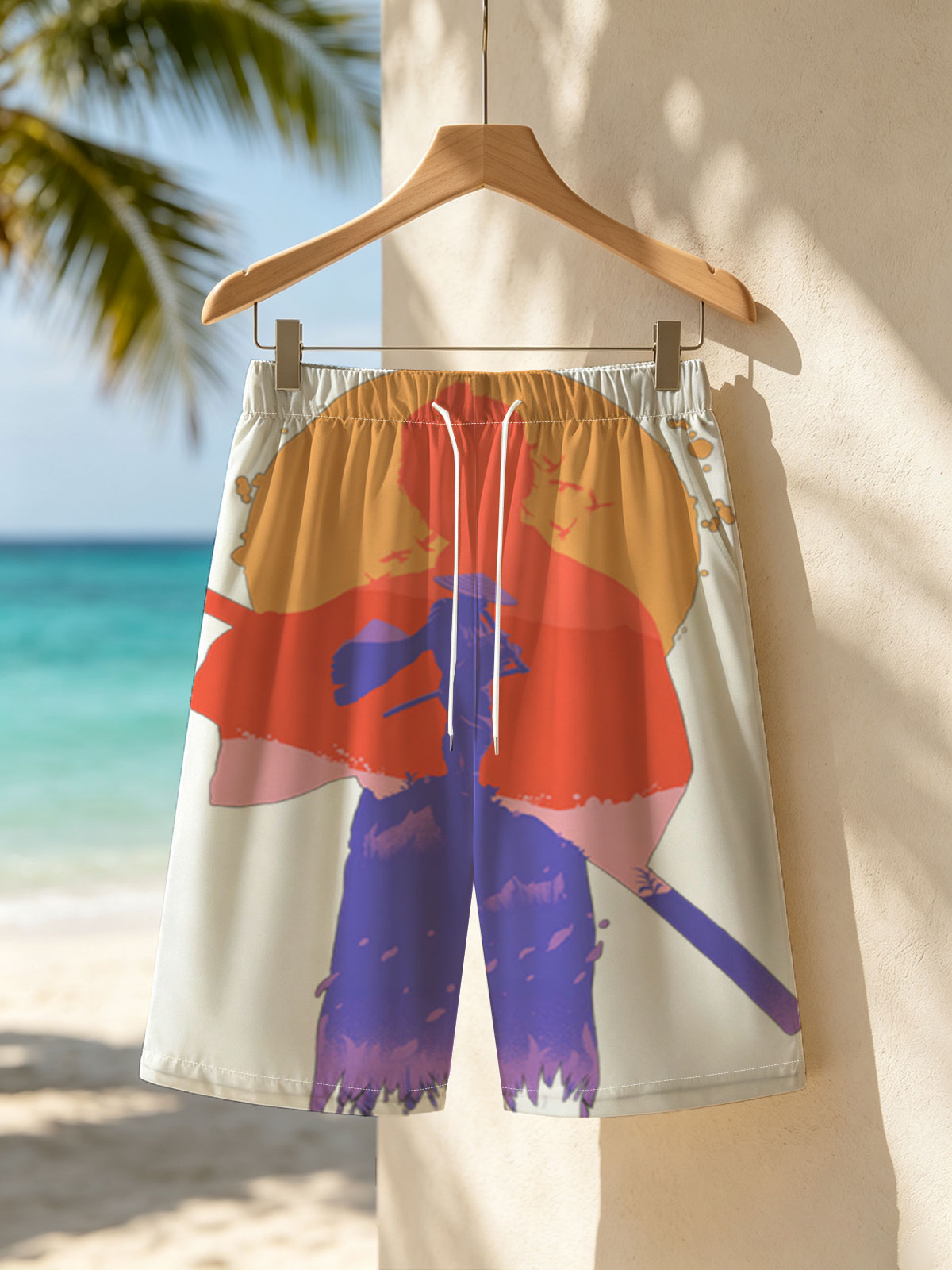 Samurai Silhouette at Sunset with Warrior Figure and Birds in Sky -  Beach shorts