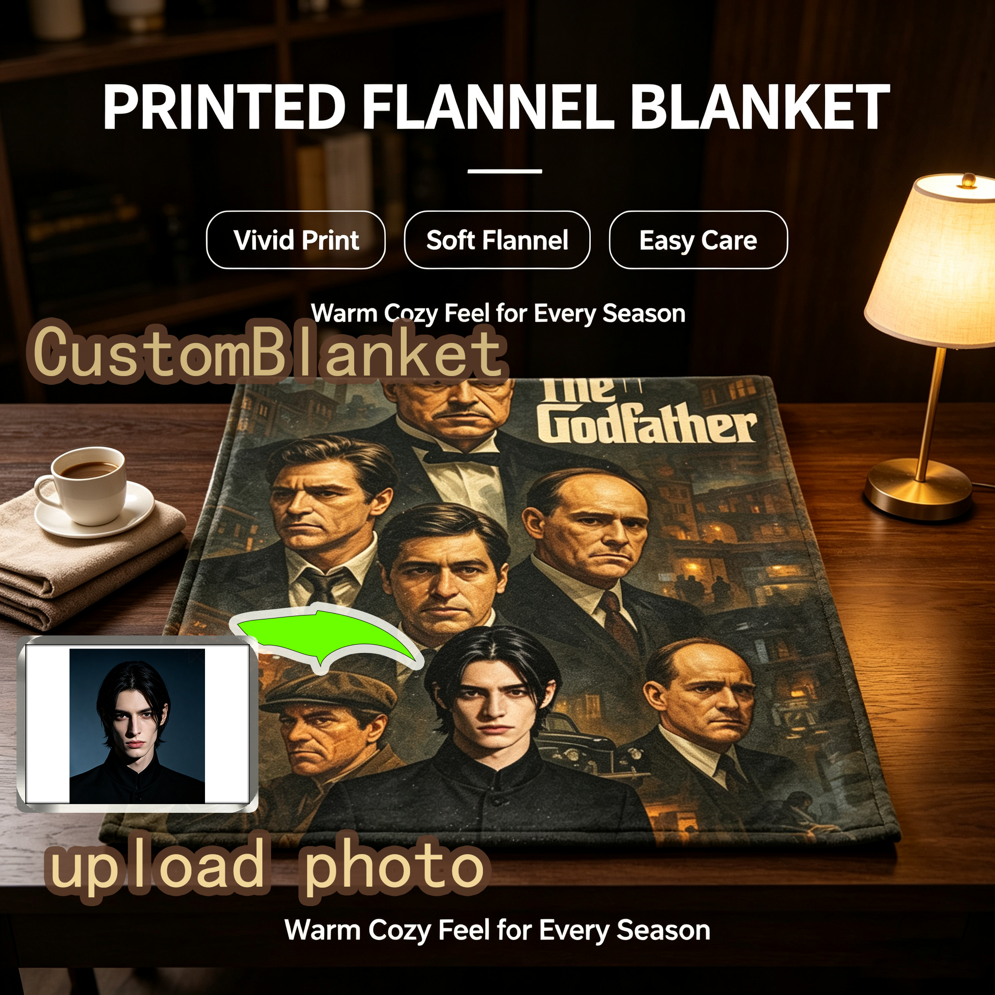 Custom Face Blanket The Godfather Movie Character Flannel Blanket Perfect for Couch Lounging and Movie Nights Ideal Gift or Giveaway for Fans