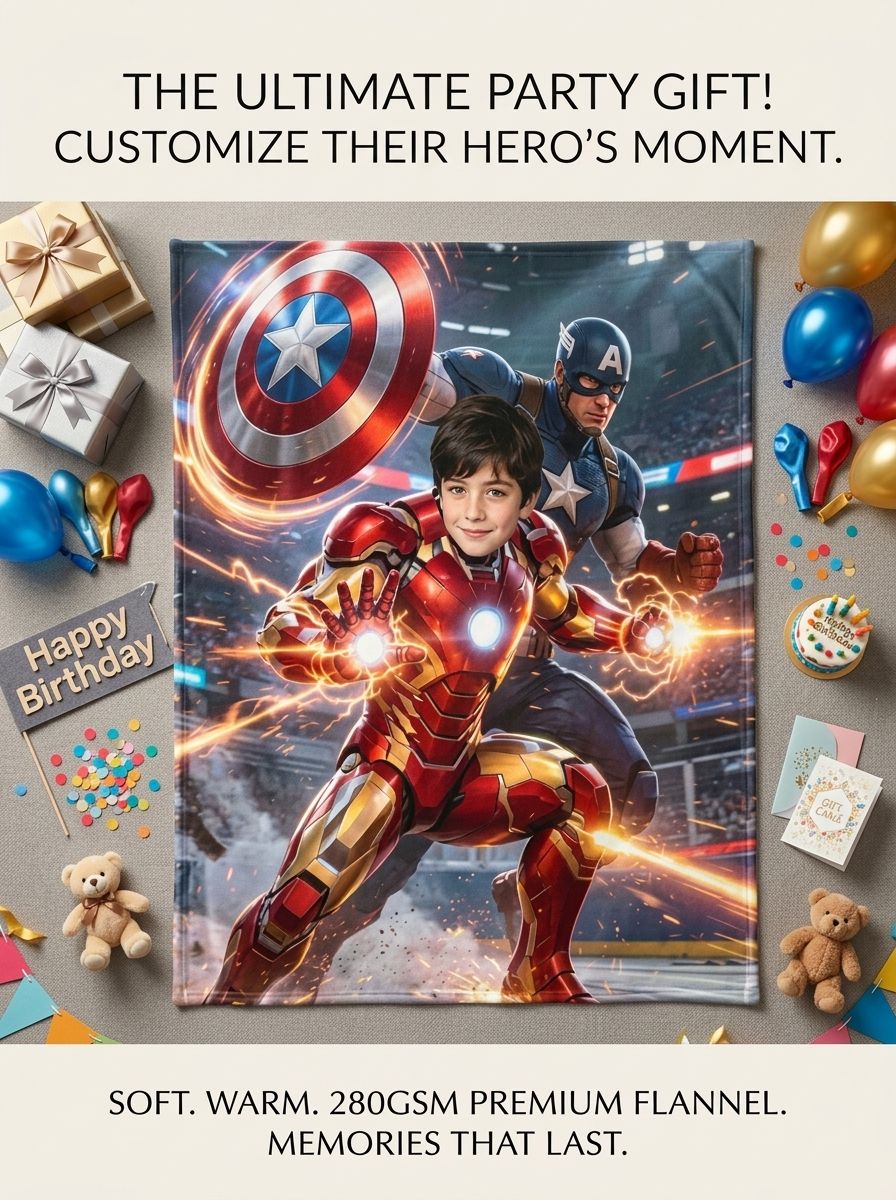 Custom Superhero Face Photo Flannel Fleece Throw Blanket Ultra Soft Lightweight Anti Pilling Ideal Personalized Gift