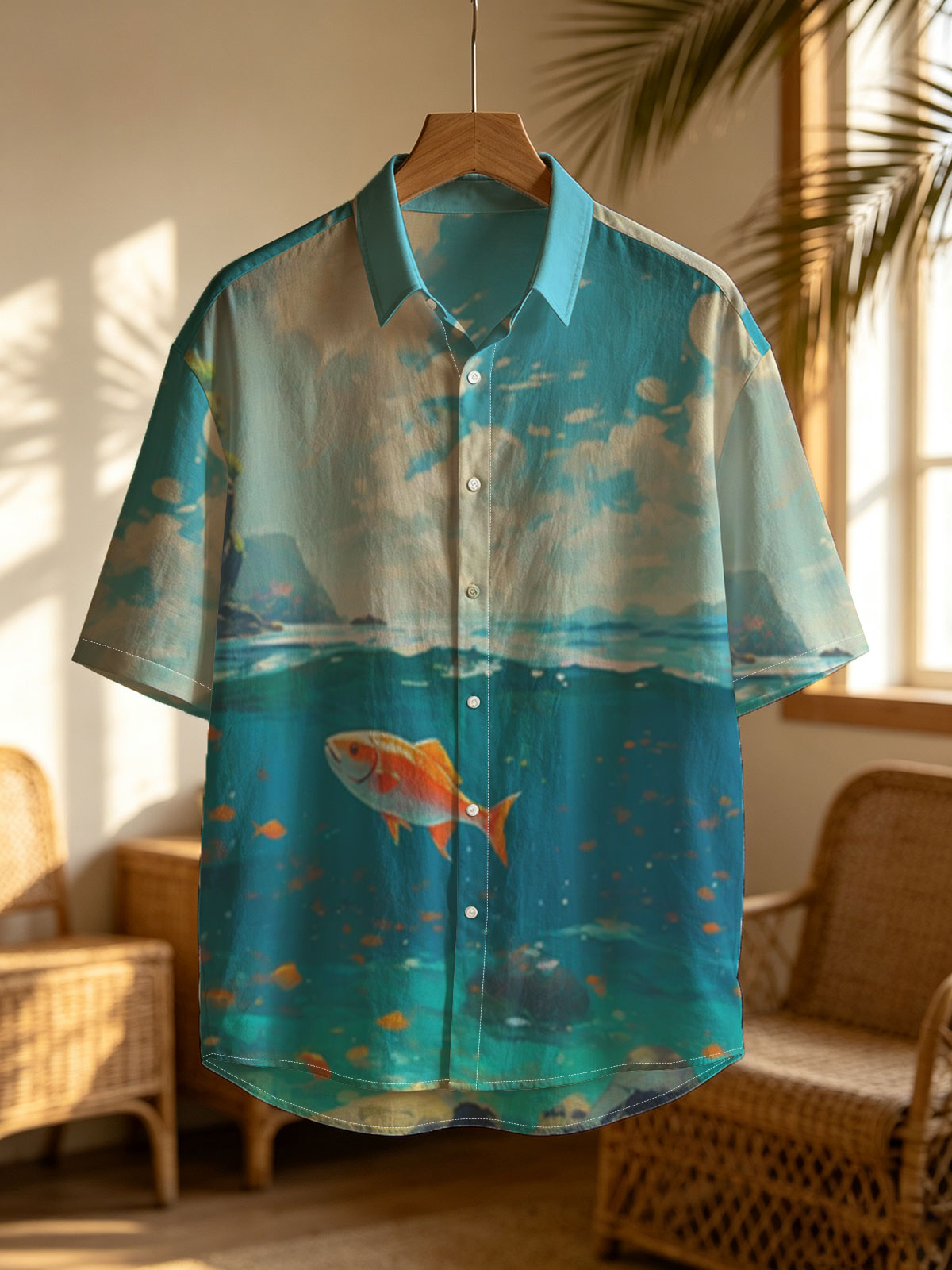 A vibrant orange fish swims gracefully in clear blue waters beneath a sunny sky. -  Shirt