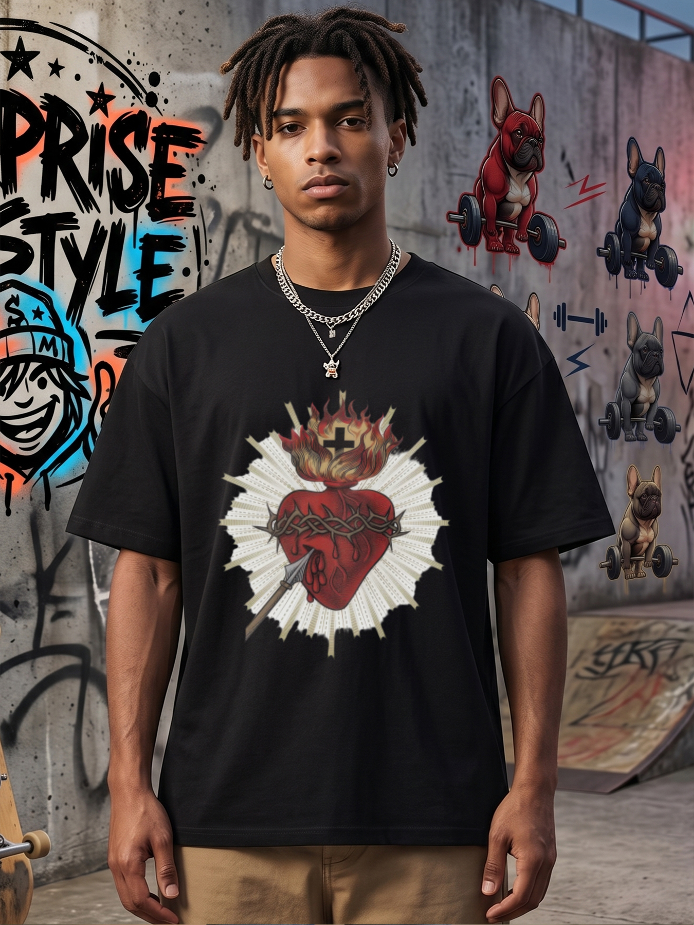 Men's Printed T-Shirt Sacred Heart with Crown of Thorns and Flame Cross Design Casual Round Neck Summer Lightweight Breathable Short Sleeve Tee for Religious Art Lovers and Faith-Based Fashion Enthusiasts