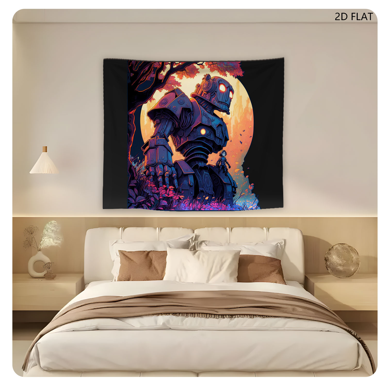 Giant Robot and Child in Autumn Forest at Sunset - Tapestry