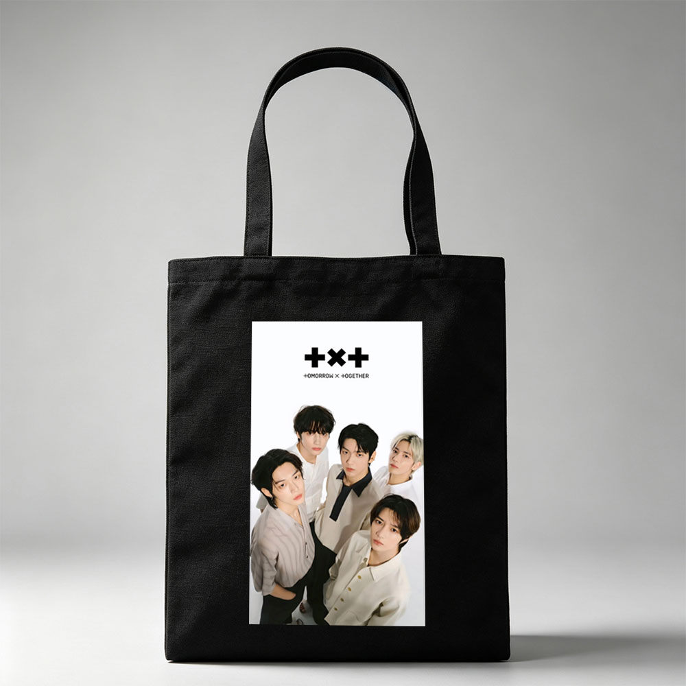 Tomorrow X Together Group Portrait in Minimalist White Outfits on Clean Background - Canvas tote bags