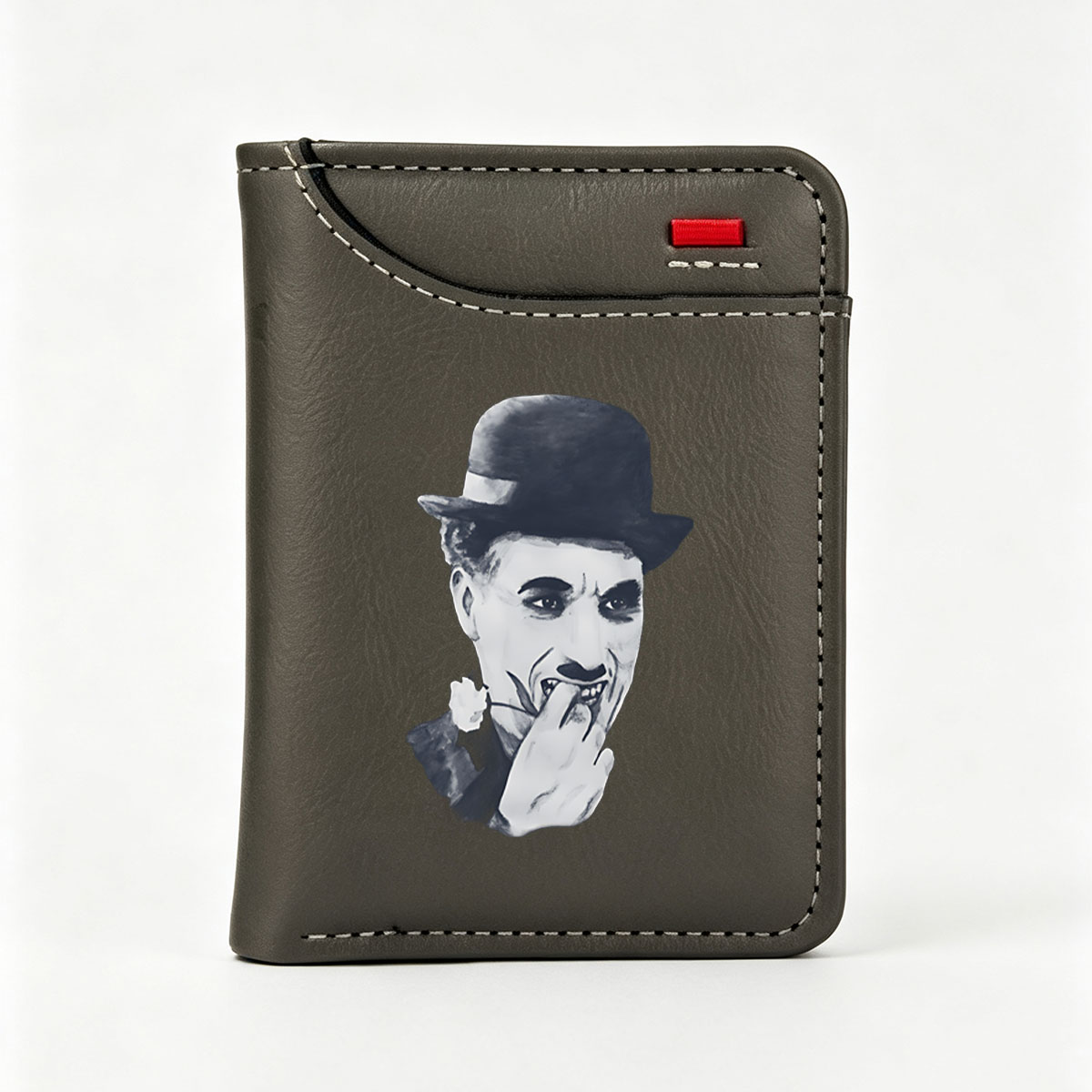 Charlie Chaplin in a Bowler Hat with a Flower and Expressive Gesture - Vertical Style Wallet