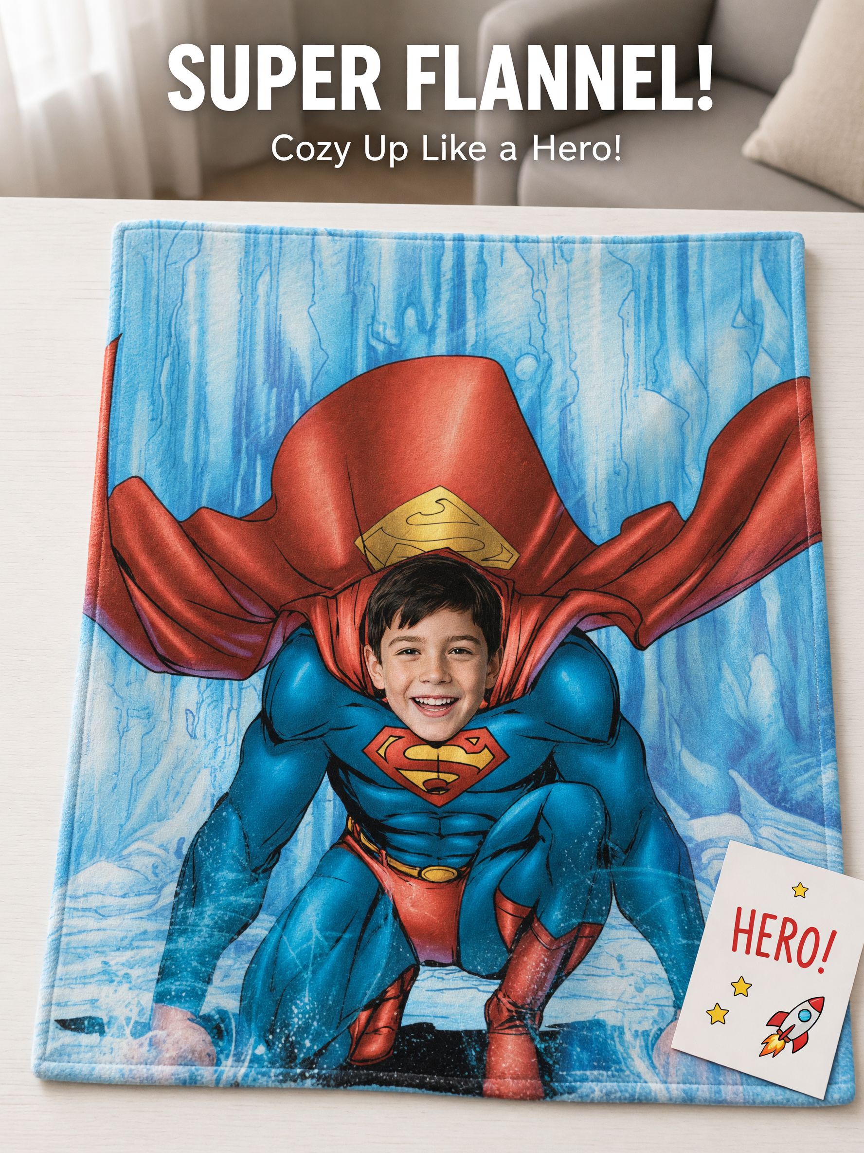 Custom Superhero Face Photo Blanket Ultra Soft Anti-Pilling Flannel Throw for Kids Adults Cozy Personalized Keepsake Gift