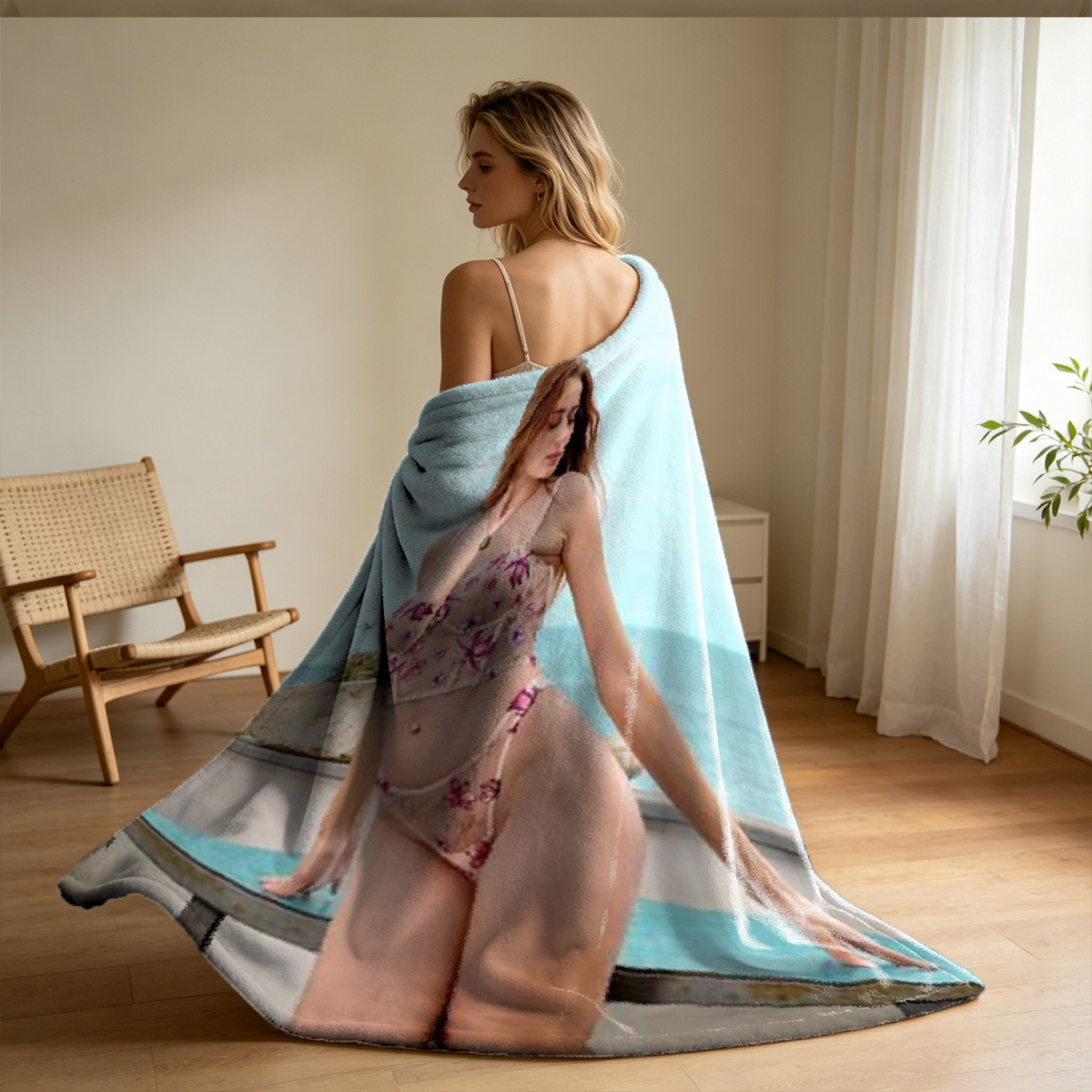 Nude blonde lying on bed covering breasts with hands in bedroom mirror scene - Blanket
