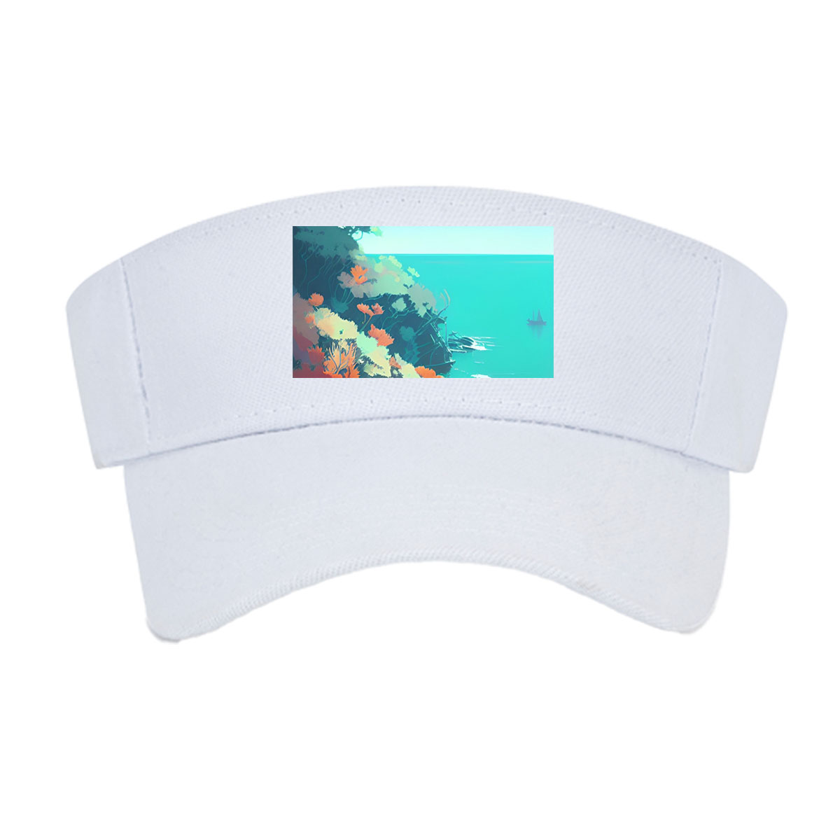 Colorful coastal landscape with vibrant flora and a distant ship on turquoise waters. -  Visor cap