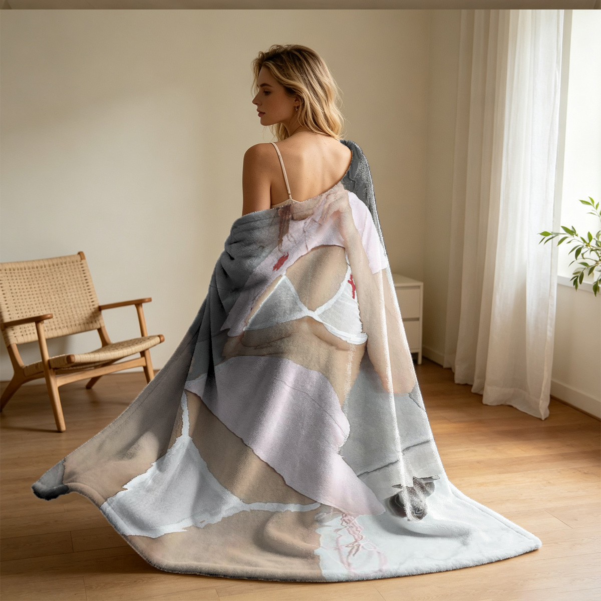 Nude Woman Crouching on Chair Covering Breasts - Blanket