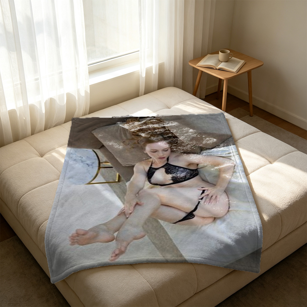 Nude Brunette Smiling on Bed in Purple Blanket - Blanket