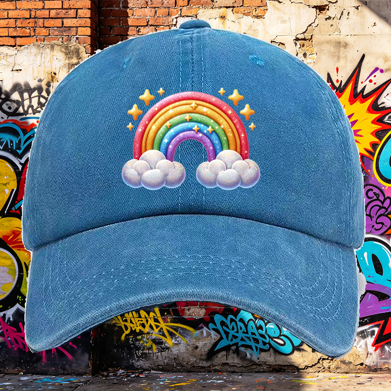 Men's Printed Washed Cap Rainbow Stars Clouds Design Casual Round Brim Summer Lightweight Hat for Outdoor Activities and Daily Wear, Suitable for Adults Seeking Fun and Comfortable Headwear