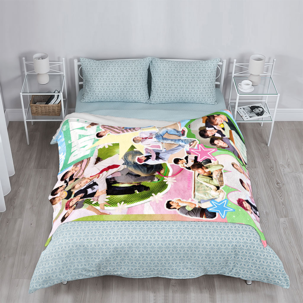RIIZE Group in Vibrant Collage Pose with Colorful Background and Heart-Shaped Message - Blankets