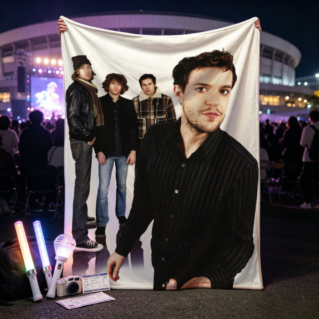 Coldplay Band Members in Studio Portrait with Lead Singer in Foreground - Blankets