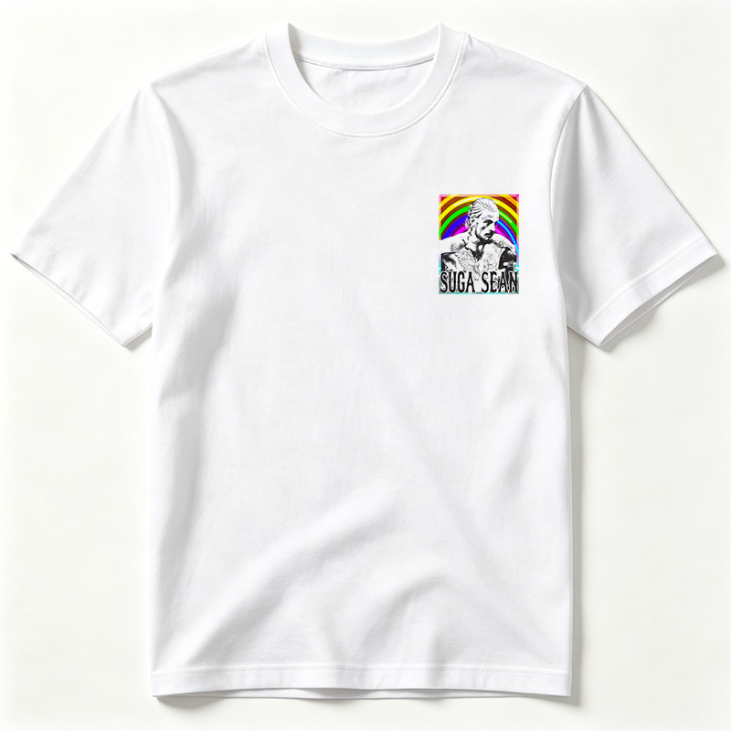 Suga Sean: Tattooed Man with Wings Against Rainbow Background - Tee