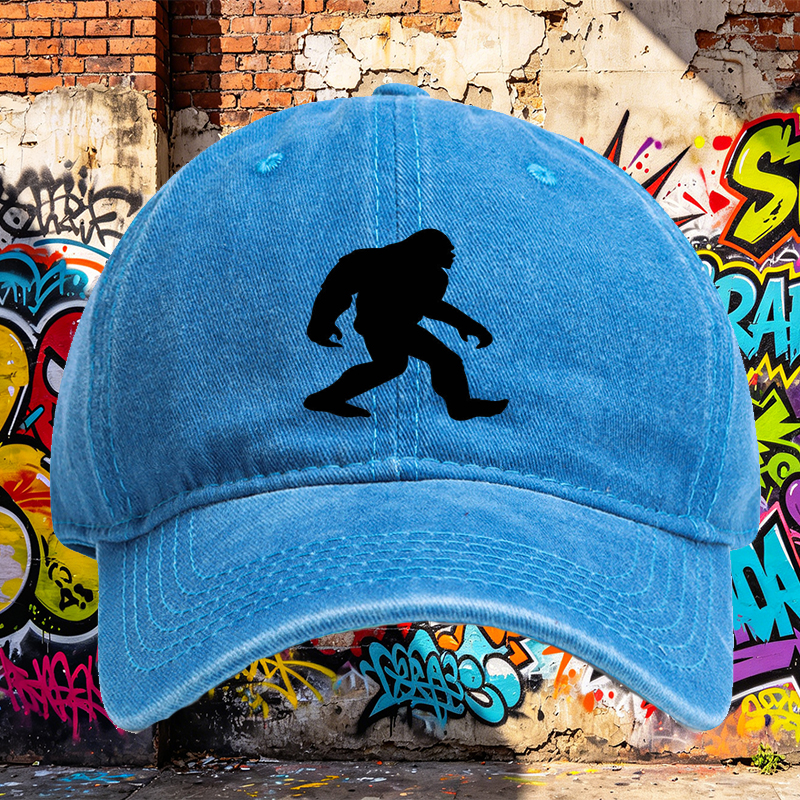 Unisex Classic Washed Cap with Bigfoot Silhouette Print - Outdoor Adventure Hat for Hiking, Camping, and Nature Enthusiasts