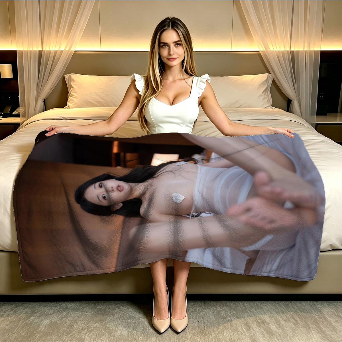 Korean Woman in Cow Print Lingerie Eating Ice Cream - Blanket