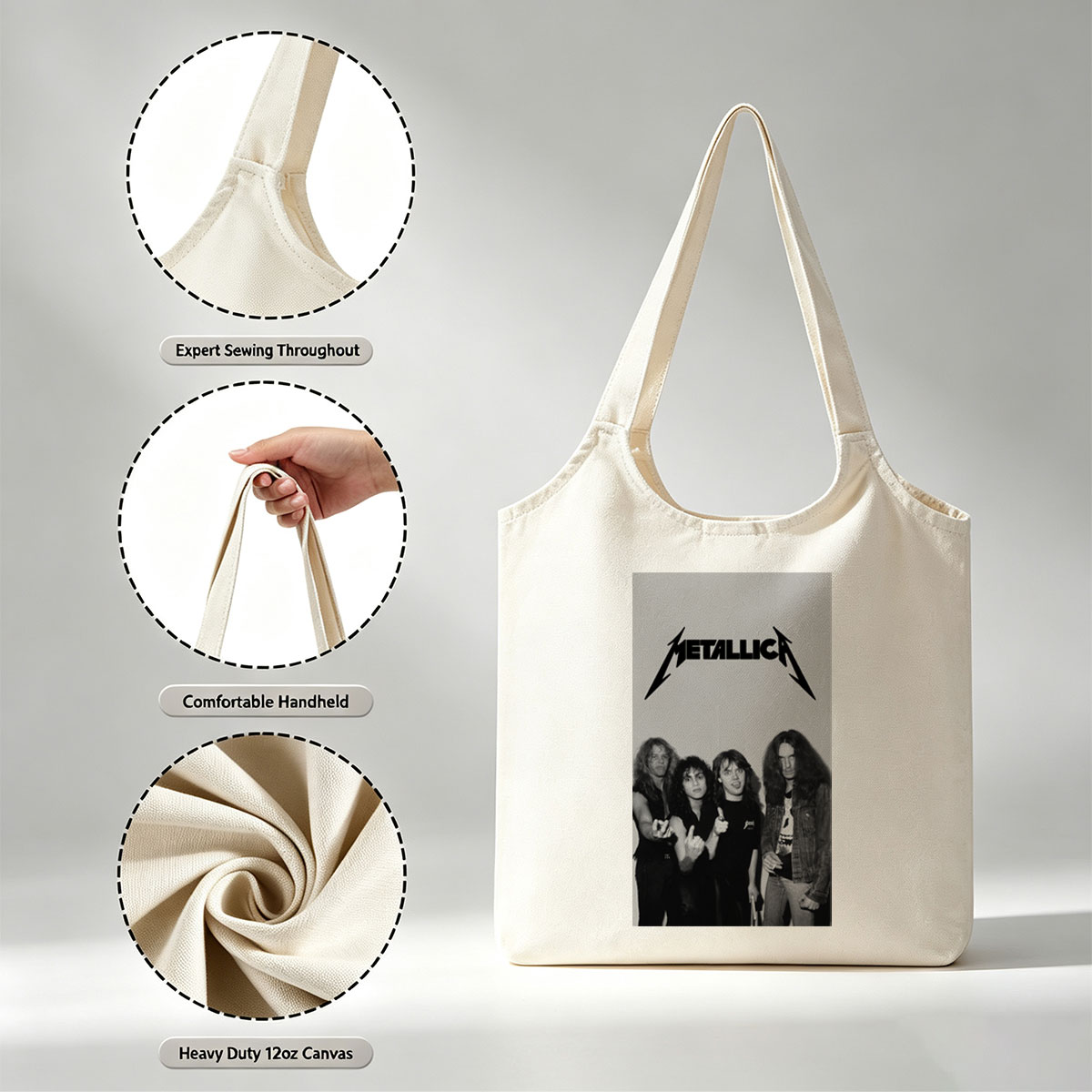 Metallica Band Members in Classic Black and White Portrait with Iconic Logo - Canvas shoulder bags/