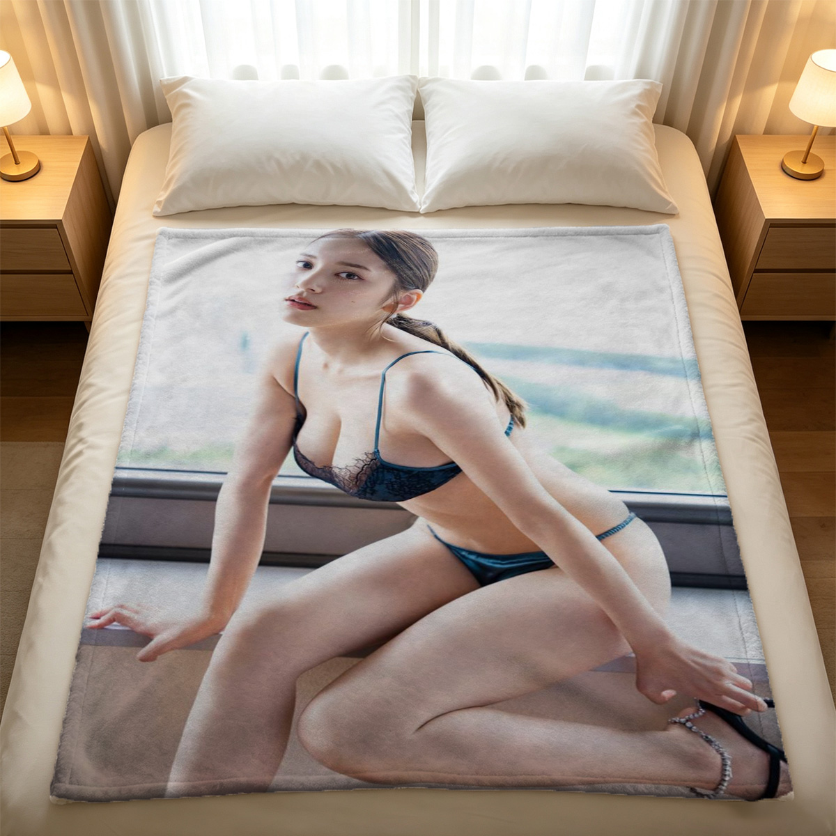 Nude Asian Woman Lying on Bed with Legs Up - Blanket