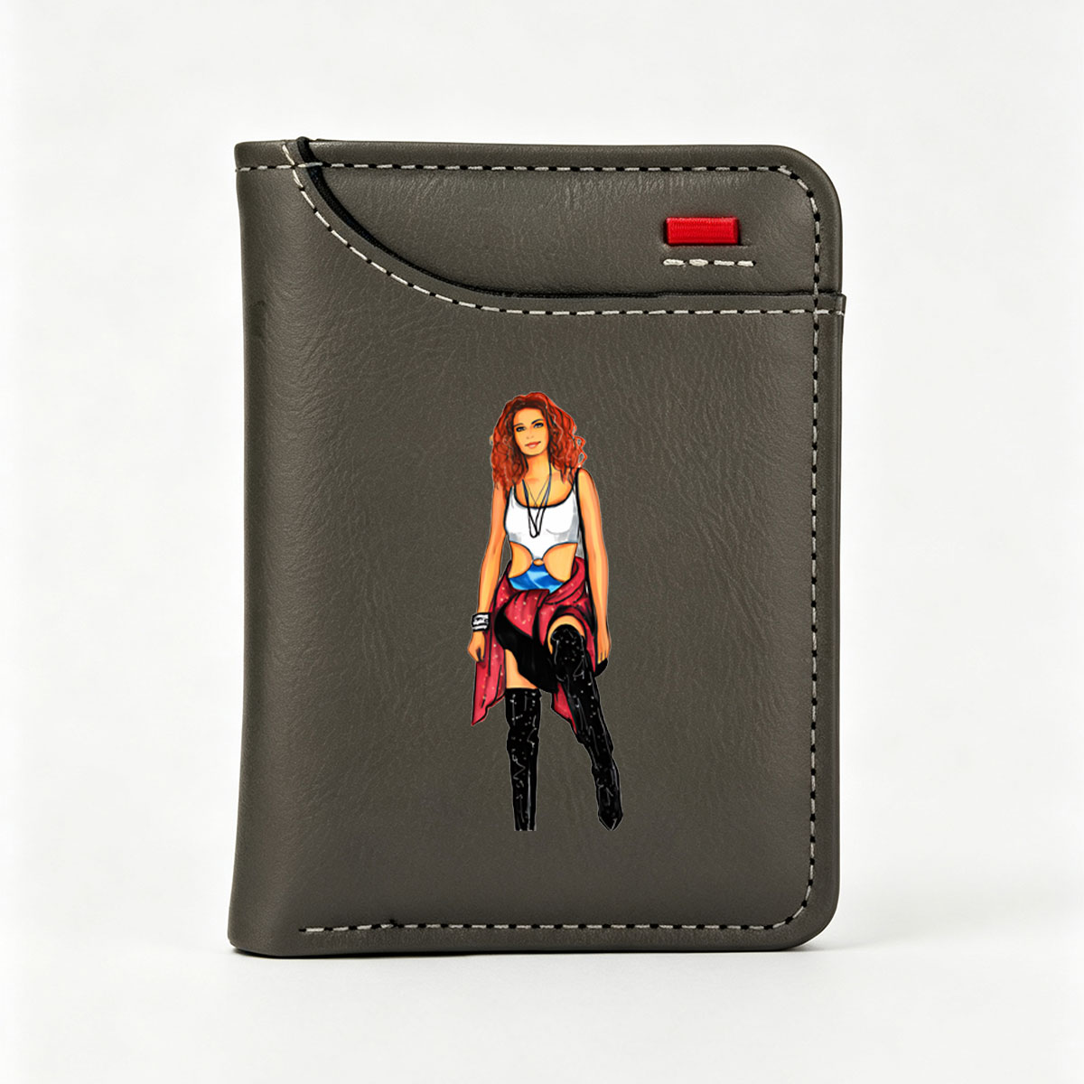 Red-Haired Woman in White Top and Red Skirt with Black Boots - Vertical Style Wallet