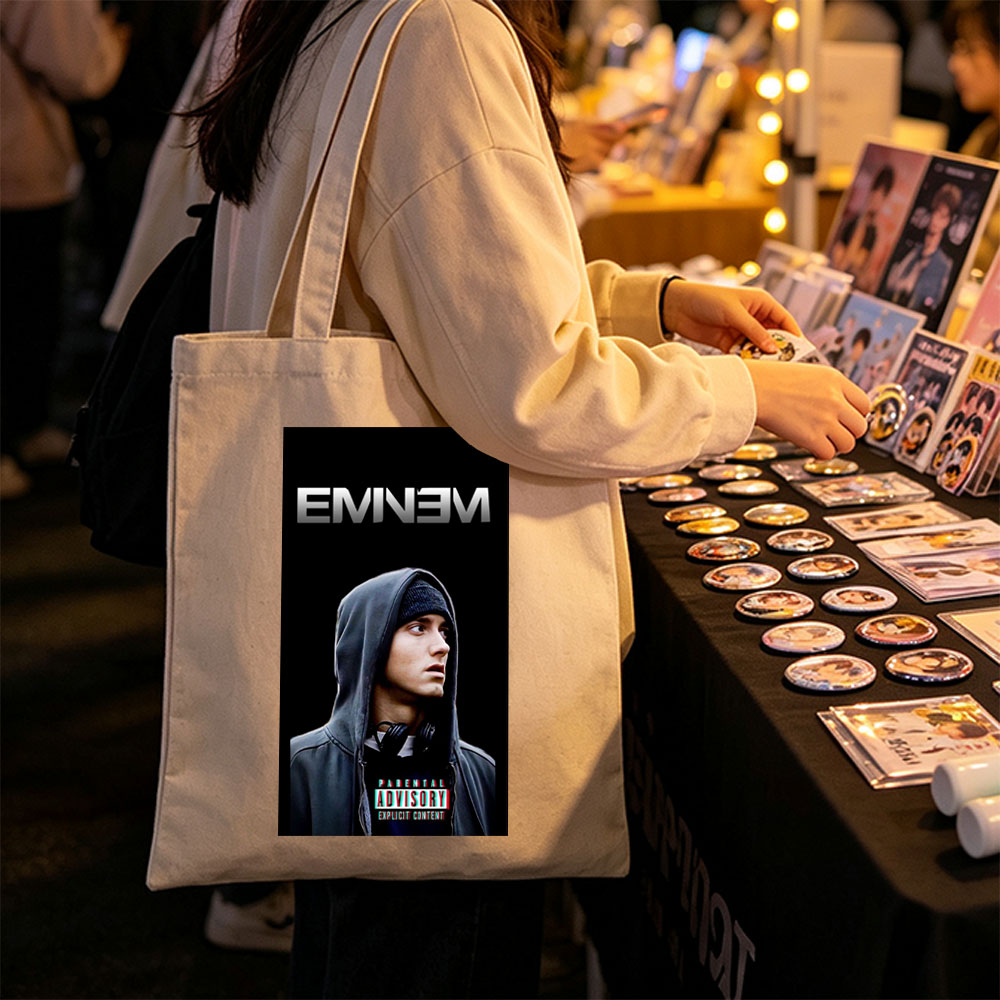 Eminem in Hoodie with Parental Advisory Label on Black Background - Canvas tote bags