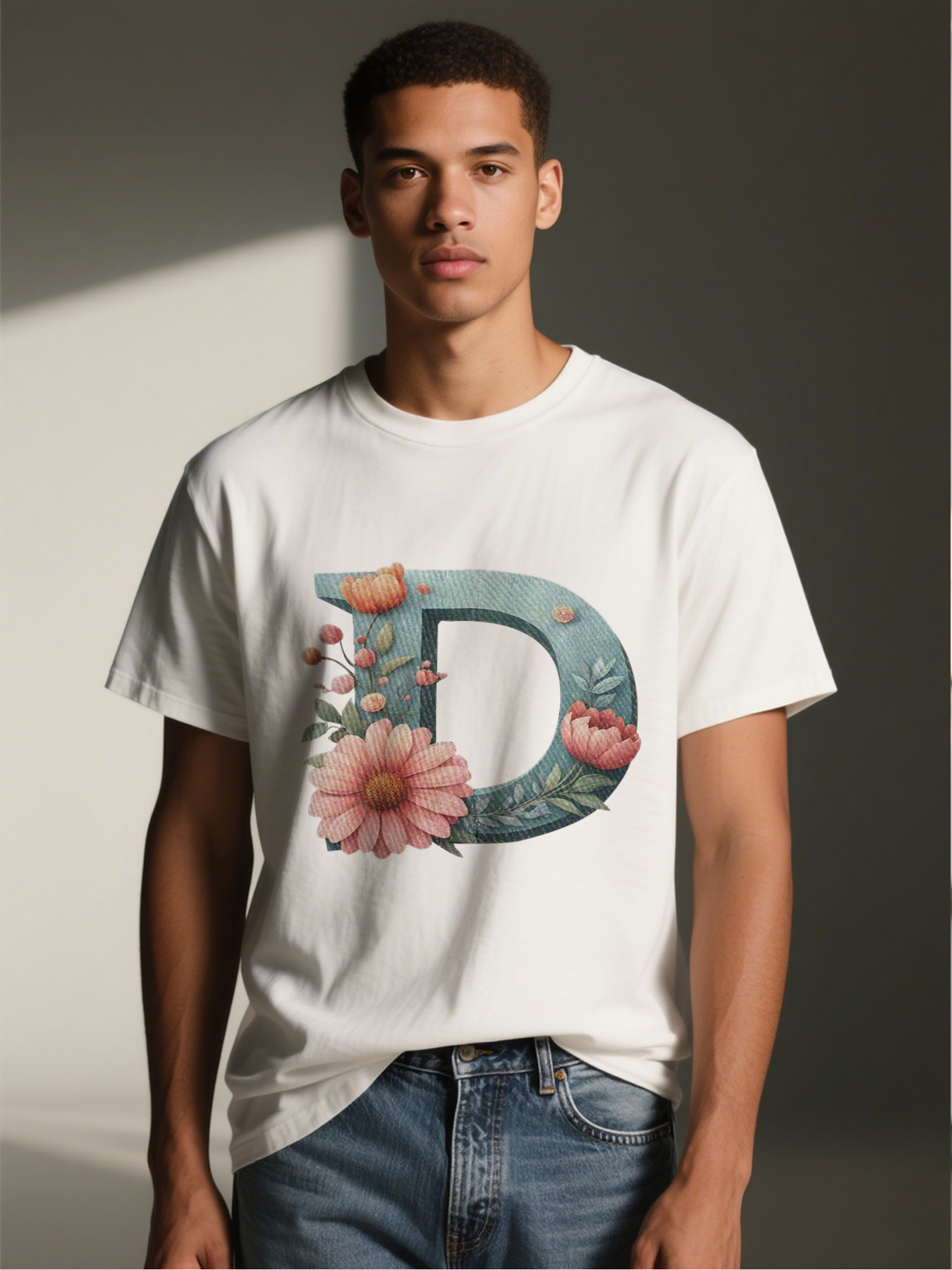 Men's Printed T-Shirt with Floral Letter D Design Casual Round Neck Summer Lightweight Breathable Short Sleeve T-Shirt for Outdoor Activities and Daily Wear Adults