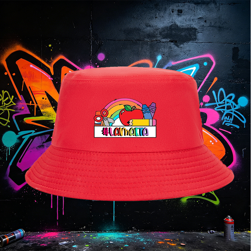 Unisex Bucket Hat with Rainbow Apple and School Supplies Print, #LAMMAETA Design, Classic Cotton Sun Hat for Outdoor Activities, Perfect for Students and Teachers