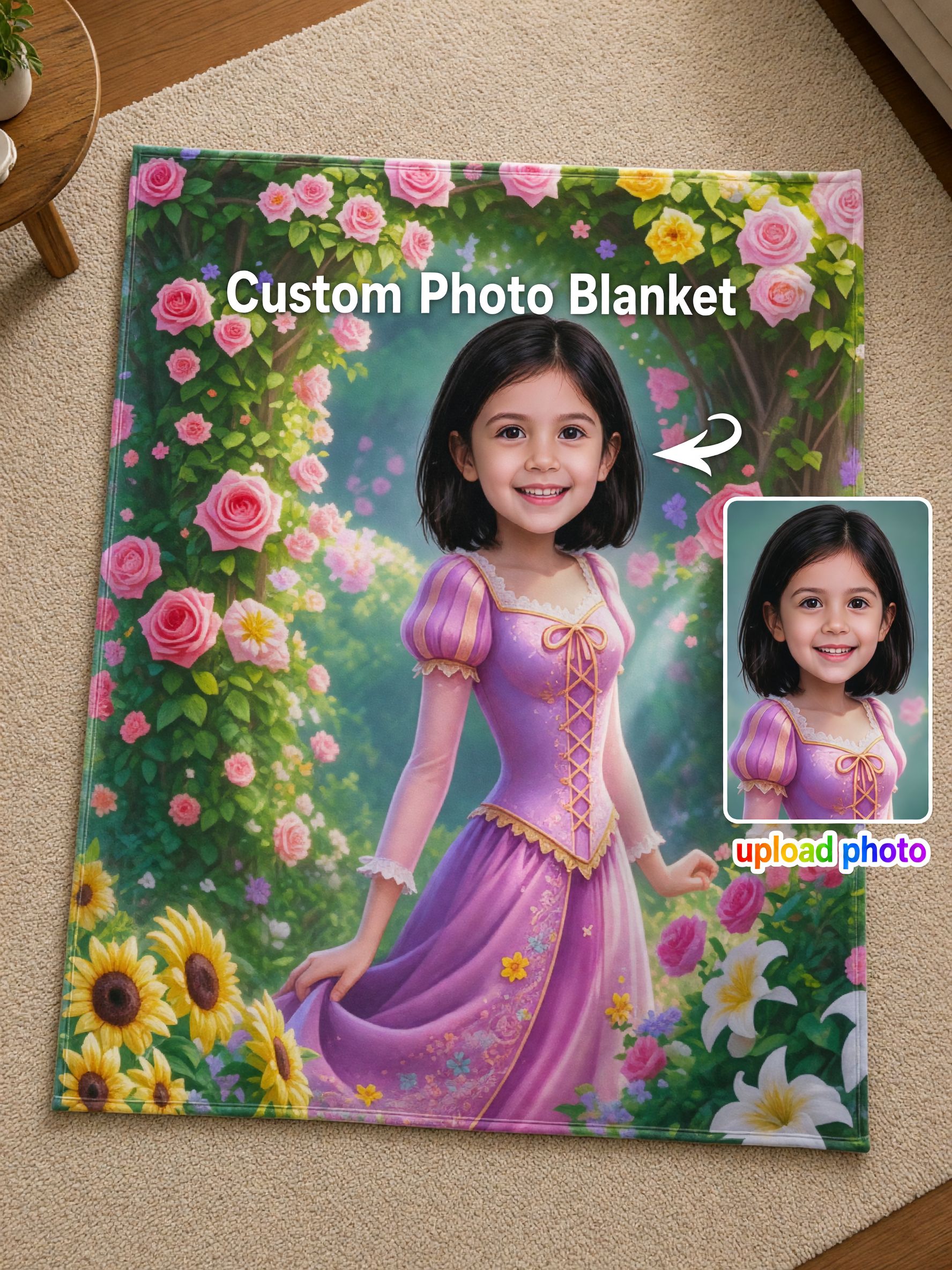 Custom Face Blanket Personalized Fairy Tale Princess Portrait Ultra Soft Warm Flannel Throw for Kids Birthday Gift